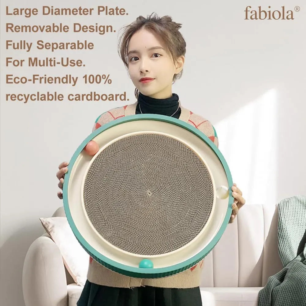 Large round cardboard cat scratching board with moving ball toys and replaceable core