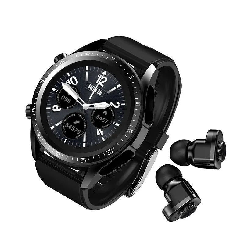 Black smart watch with blood pressure monitoring on silicone strap showing 1.28 inch display