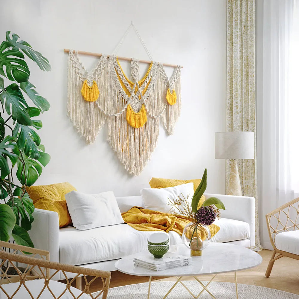 Rectangular creamy white cotton tapestry with colour woven details measuring 120cm by 95cm