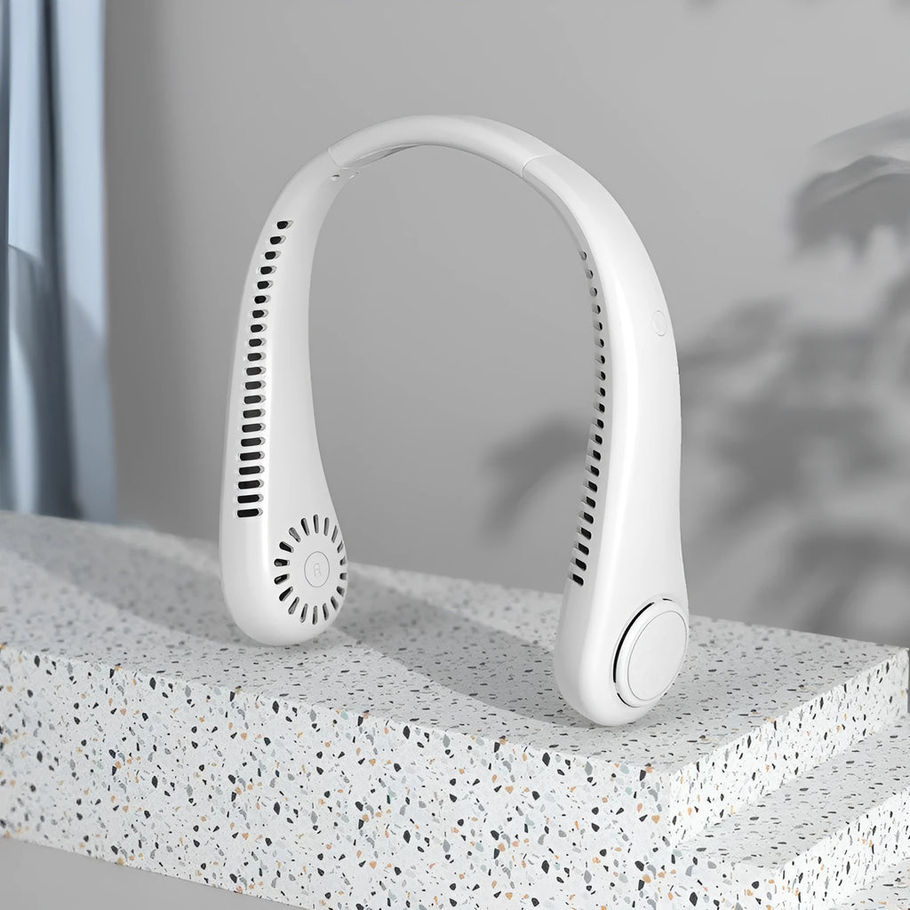 White USB charging portable bladeless neck fan with adjustable speed settings