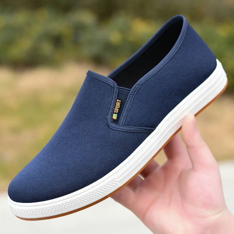 Men's low-top canvas slip-on shoes in black and blue colours showing round toe and composite sole