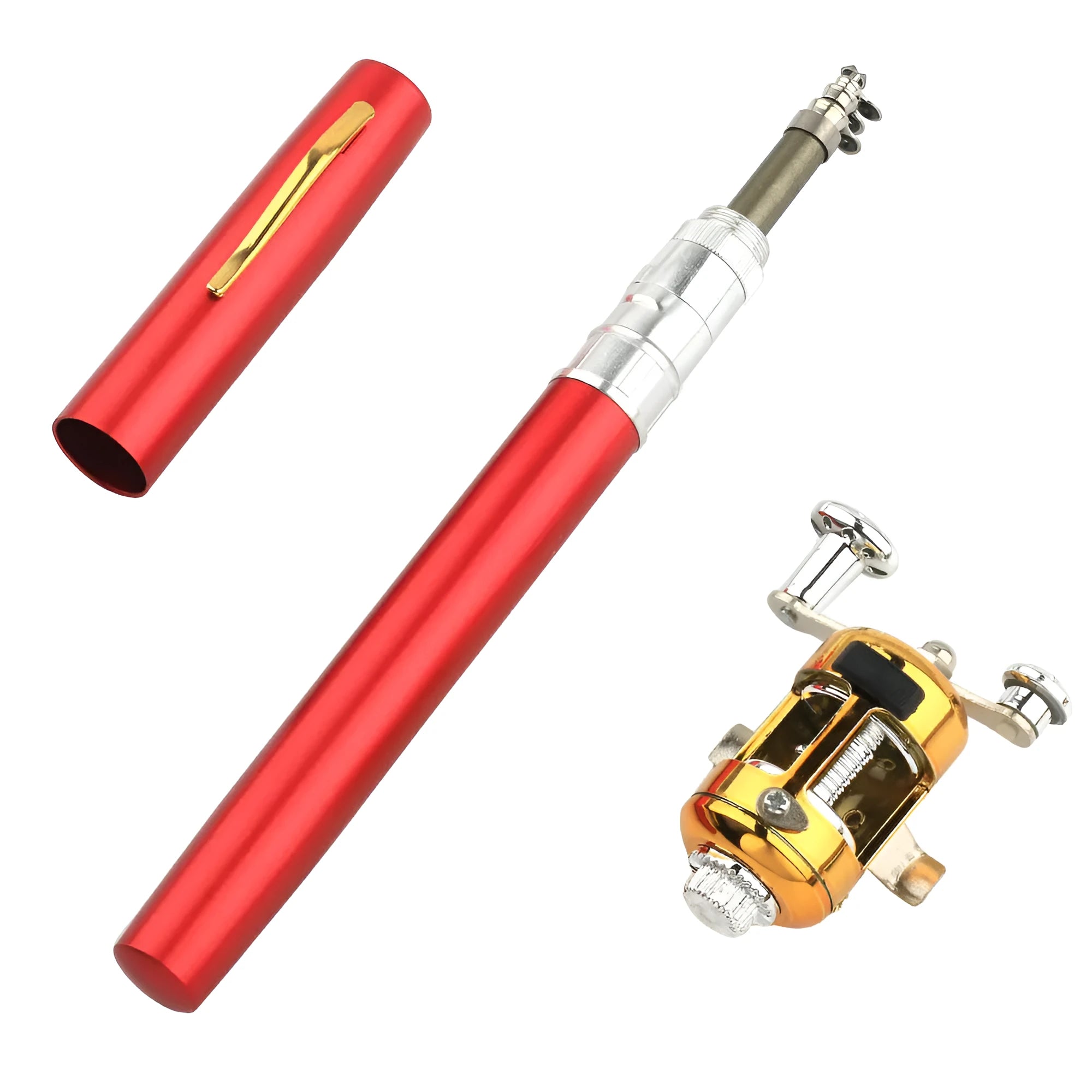 Compact telescopic fishing rod retracted inside its aluminium pen case, with gold ST5RL reel attached.