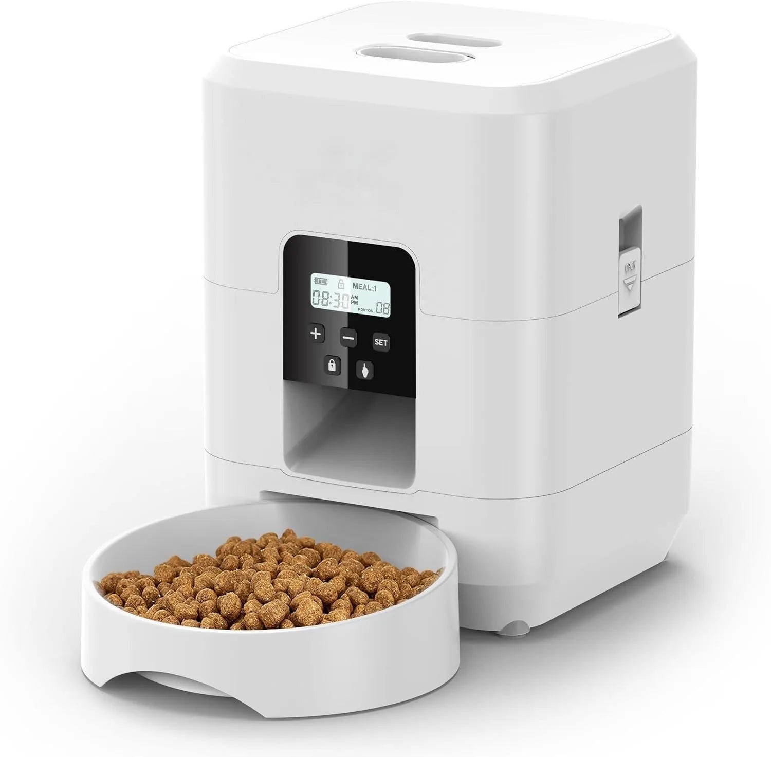 Automatic cat feeder in white or black with programmable timing and remote control options