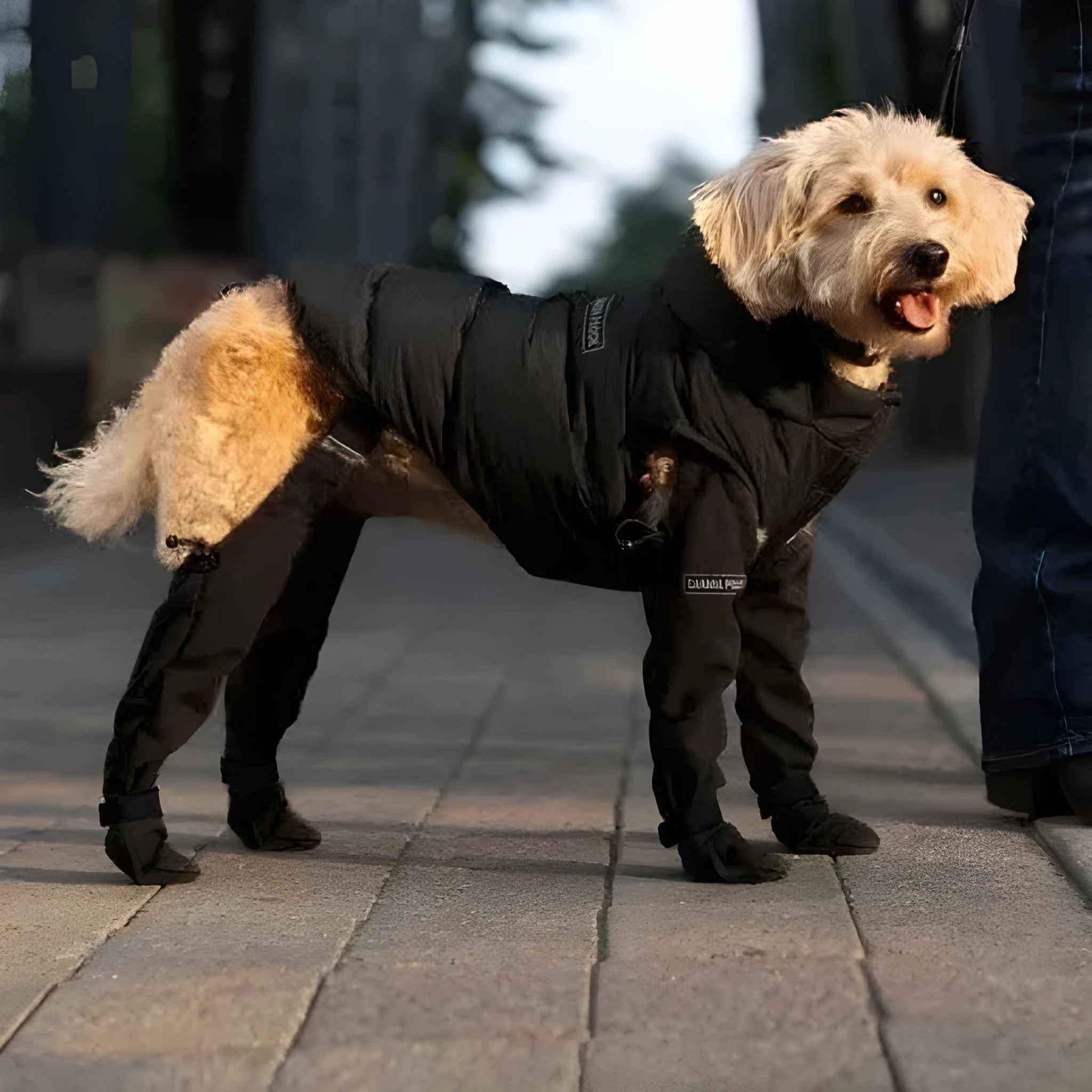 Black waterproof non-slip dog paw protectors showing size range XS to XXL