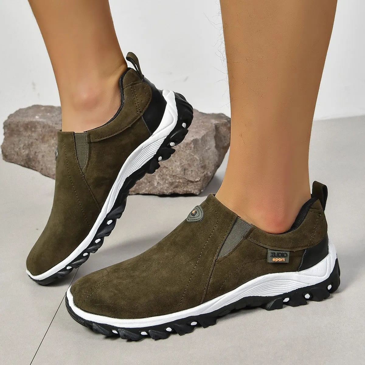 Men's round head thin slip-on casual shoes in grey, shown with PU upper and rubber sole.