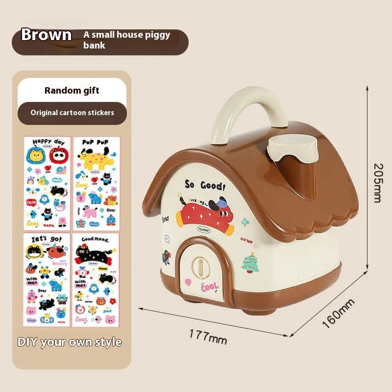 Red and brown cartoon sticker designs on a plastic desktop storage box with grid organiser compartments.