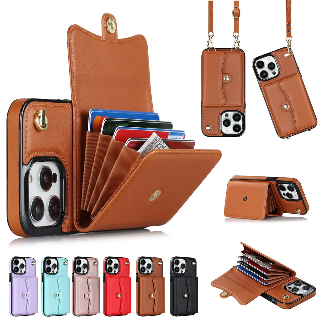 Handmade lambskin crossbody card holder phone case with bracket and lanyard for Apple iPhone, black colour