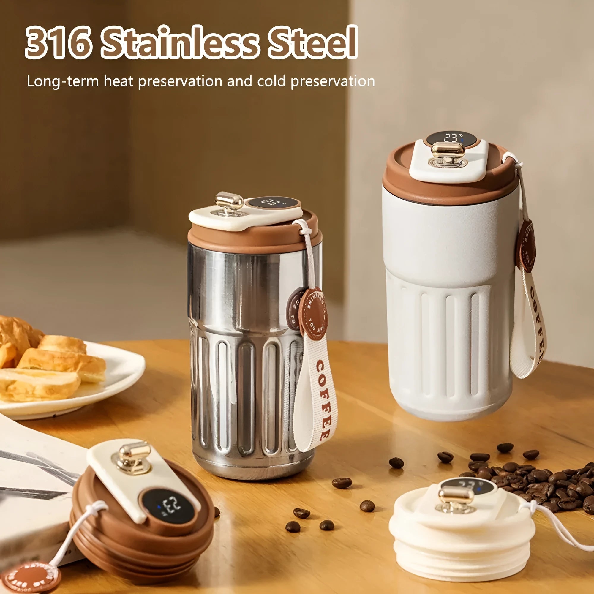 Smart digital thermal bottle 450ml with temperature display, 316 stainless steel liner, available in Fog White Coffee colour