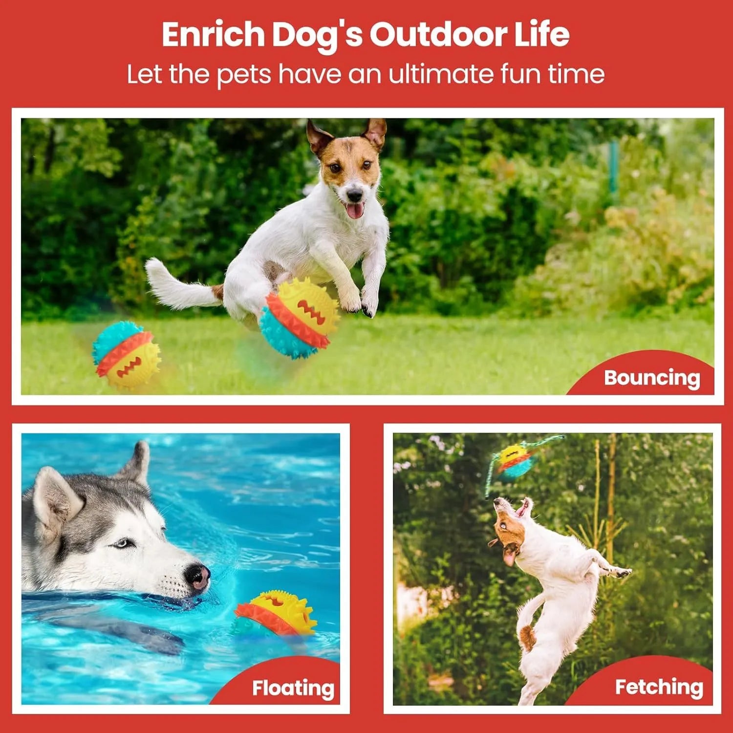 Blue and red TPR rubber dog ball chew toy with rope attachment and treat dispenser hole.