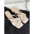 Women's square toe sandals with chunky heel and satin upper in cream-white colour