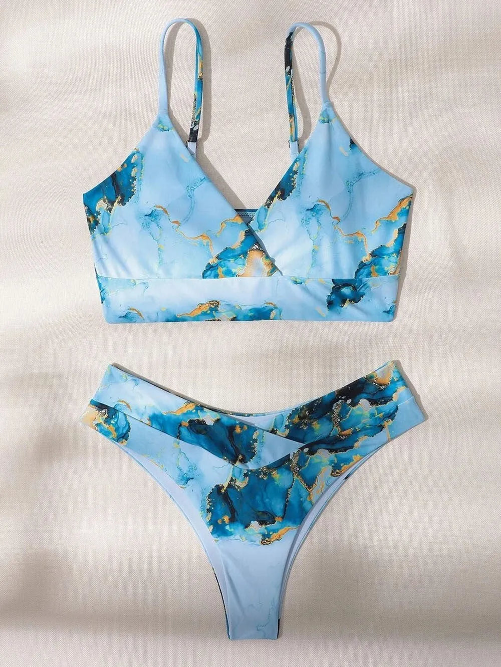 Women's marble tie-dye high waist bikini with U-neck top in blue colour variation