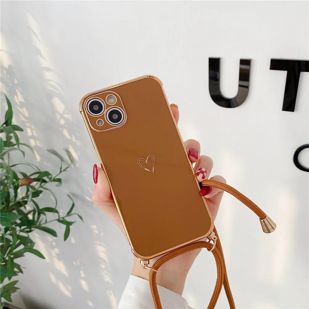 TPU hollow love crossbody lanyard phone case for Apple iPhone, electroplated heart design, grey option
