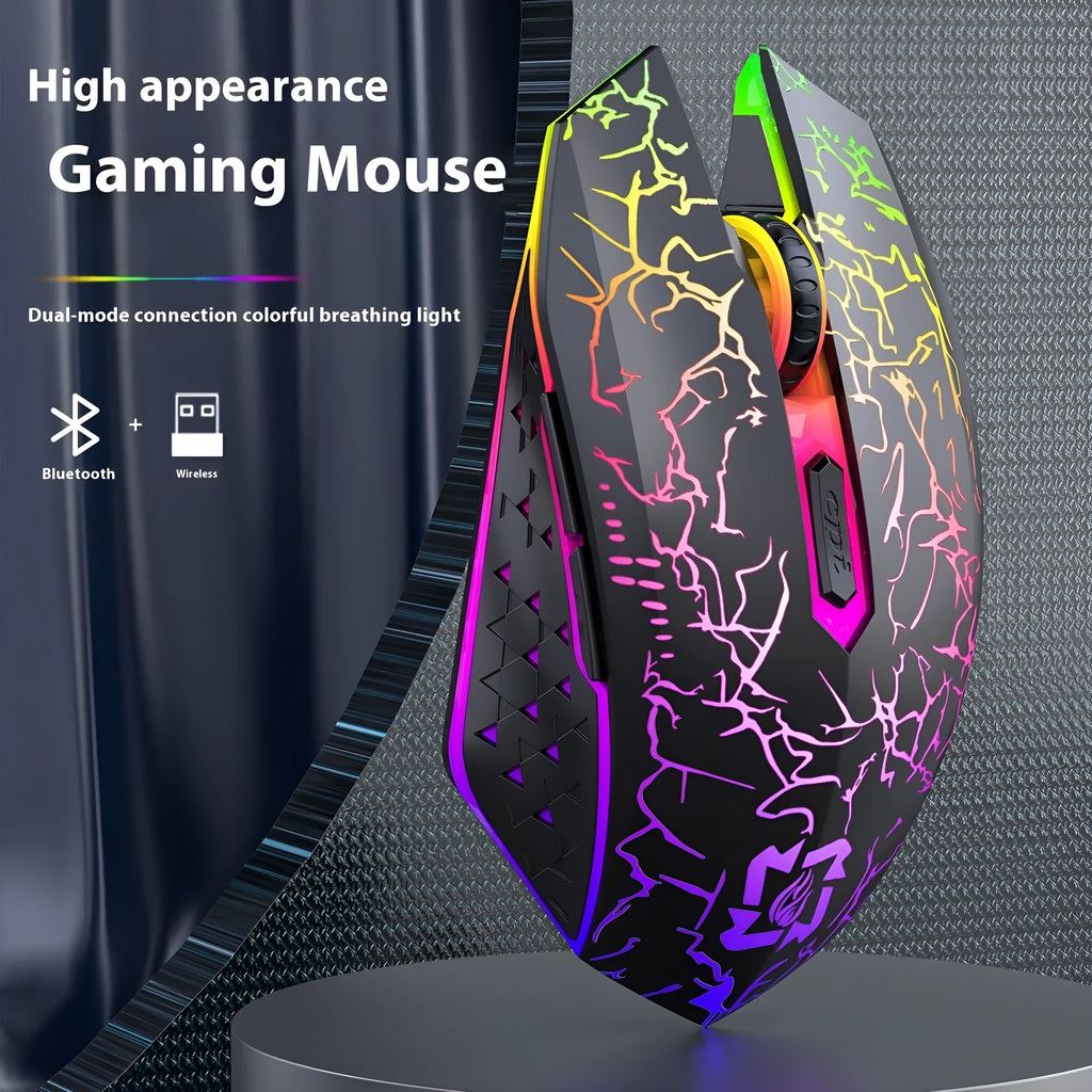 Black and white versions of wireless gaming mouse with RGB lighting on desk