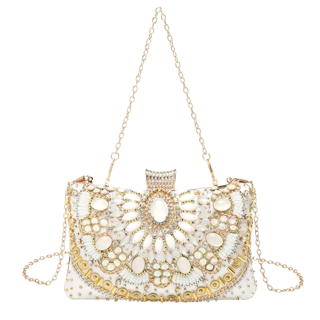 Retro hard shell dinner bag with pearl embroidery and beading in white, showing three-dimensional pocket and hand-held design