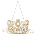 Retro hard shell dinner bag with pearl embroidery and beading in white, showing three-dimensional pocket and hand-held design