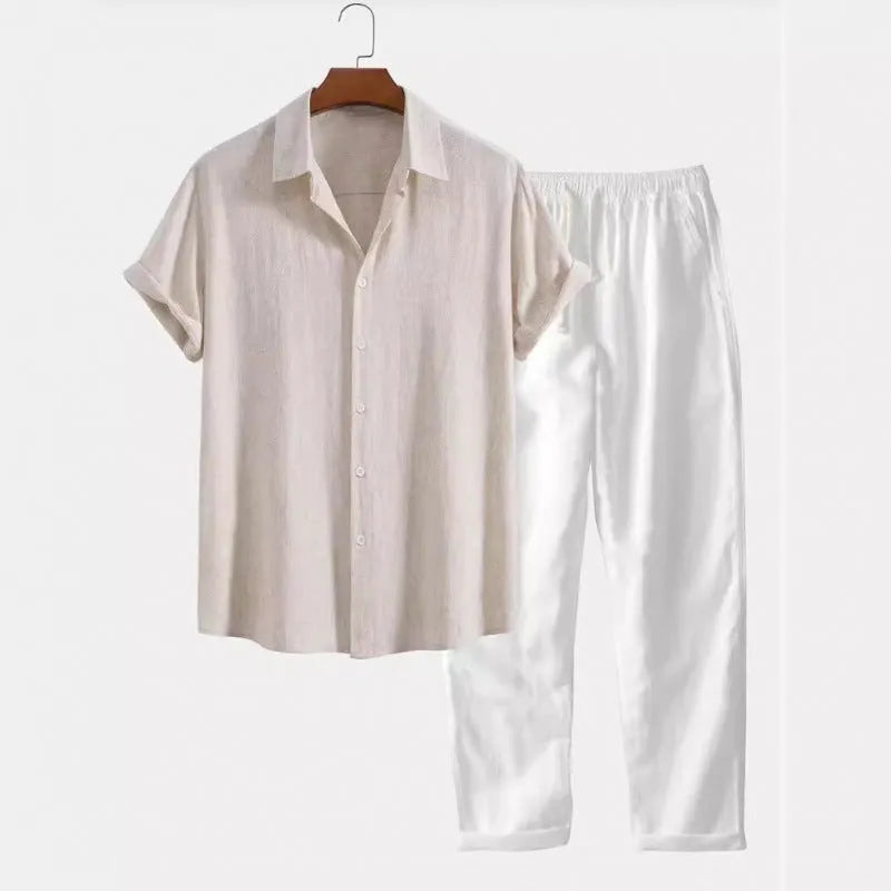 Men's casual loose fit short sleeve shirt and trousers suit in linen-look fabric.