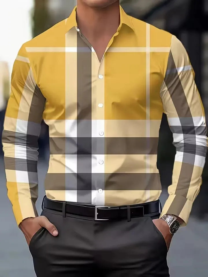 Men's striped long sleeve button-up shirt with lapel collar in multiple colour options