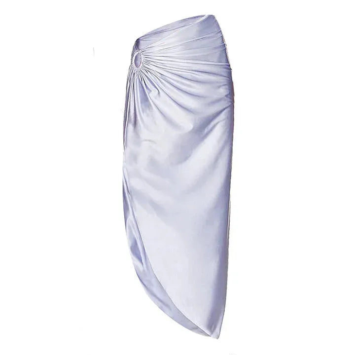 Purple one-piece swimsuit with matching wrap skirt in polyester fabric
