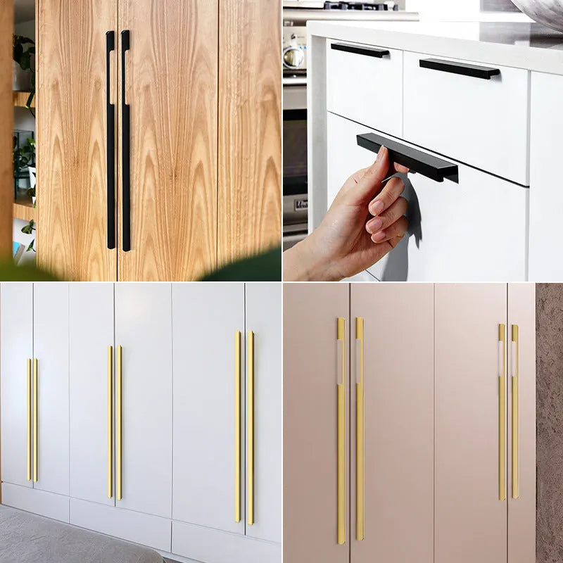 Gold coloured aluminium alloy T-shaped cabinet door handle showing single hole mounting.