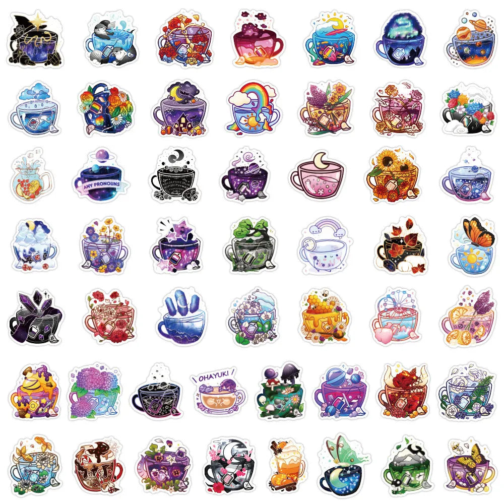 Colourful tea cup graffiti stickers in Nordic style design, 50-piece waterproof pack