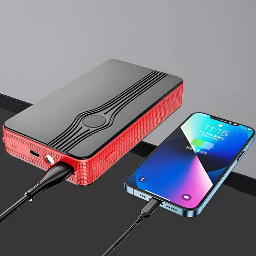 Red K4-E automobile emergency starting power supply unit with data cable for vehicle jump-starting and device charging