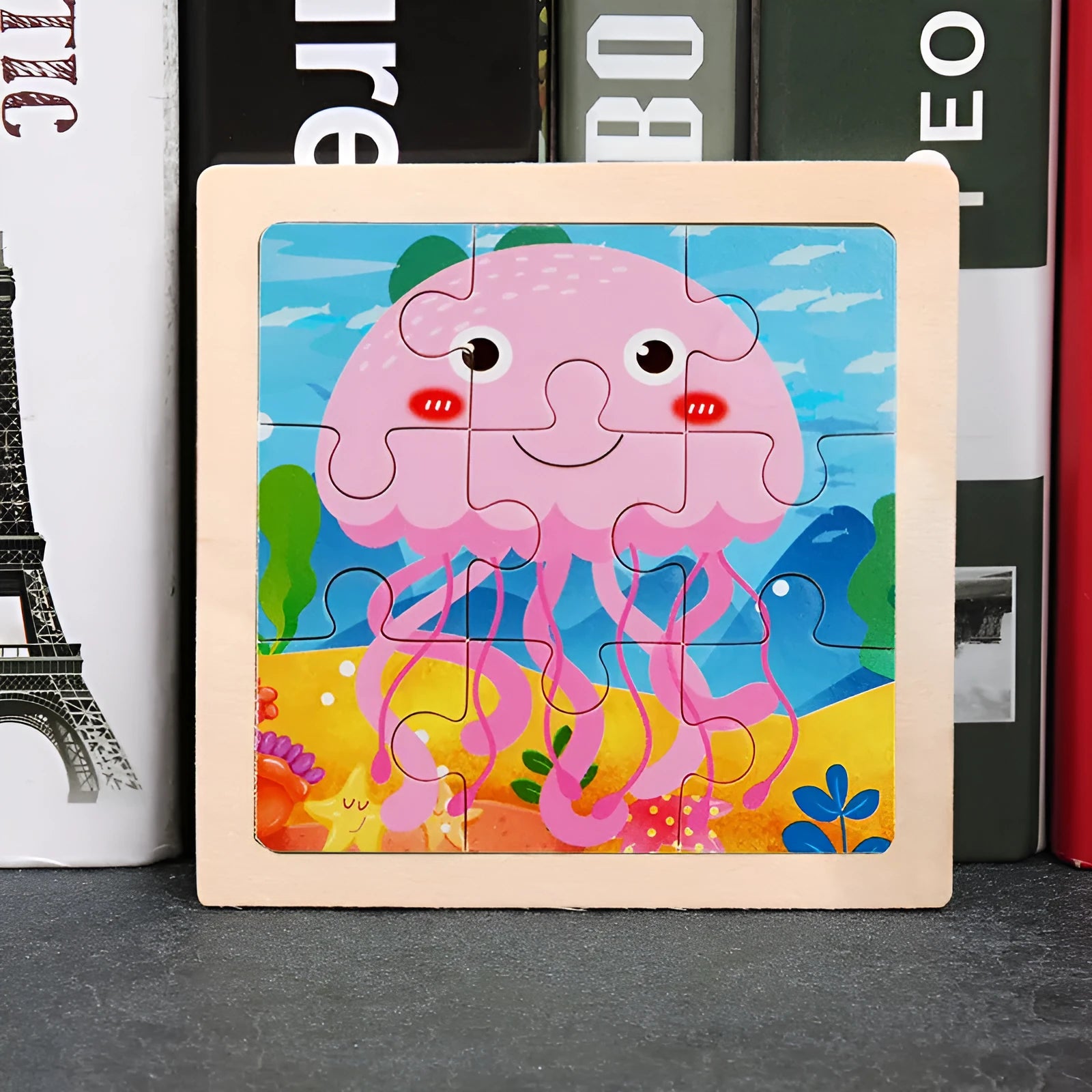 Children's wooden flat puzzle 11x11x0.4 cm with bear theme in blister pack