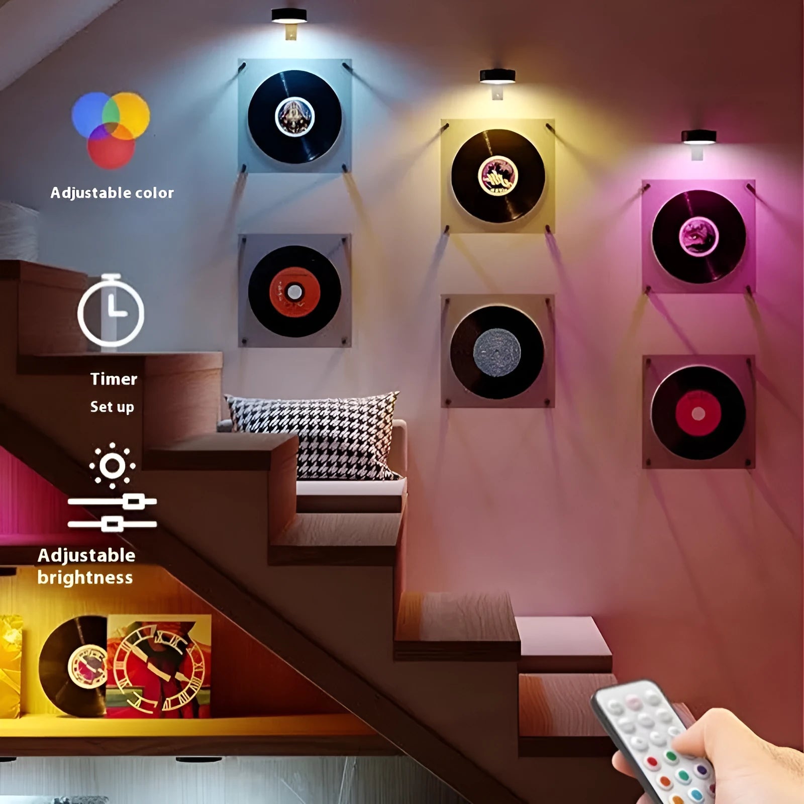 Wireless magnetic LED picture light with remote control in black, mounted on a painting frame.