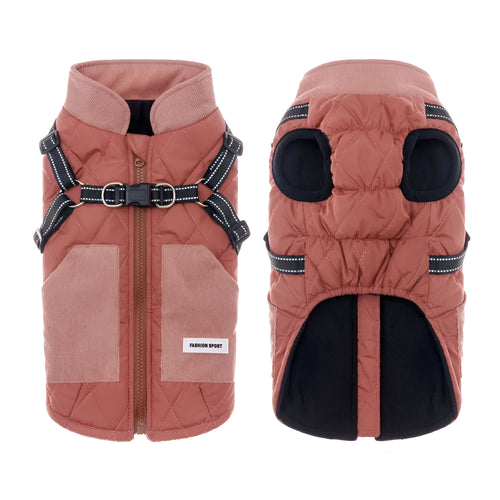 Autumn winter pet clothes small dog waterproof thickened warm jacket in khaki, melon red, and mustard green