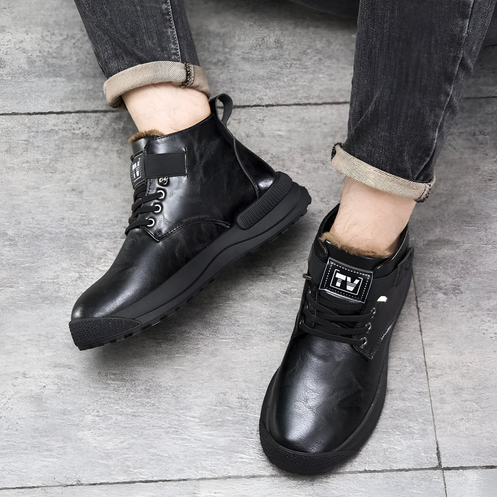 Black platform Martin boots with velvet artificial PU upper and rubber sole showing high-top design