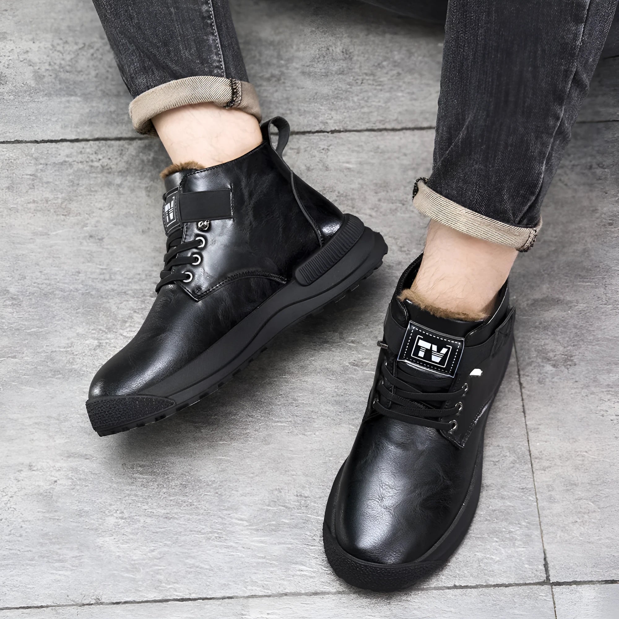 Black platform Martin boots with velvet artificial PU upper and rubber sole showing high-top design