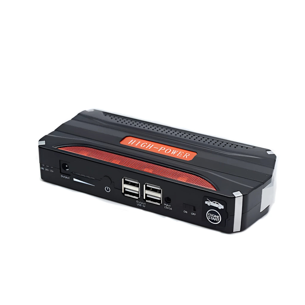 Black red vehicle emergency starting power supply showing compact design with safety protection features