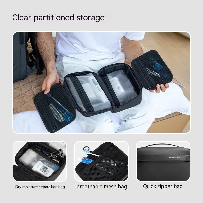 Multi-layer Oxford cloth toiletries bag with wet-dry separation compartments in graphite grey.
