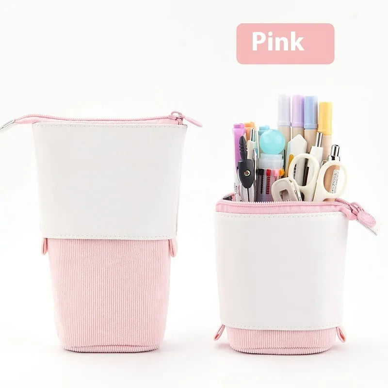 Purple PU corduroy drop-down telescopic stationery case in Korean style, open to show interior.