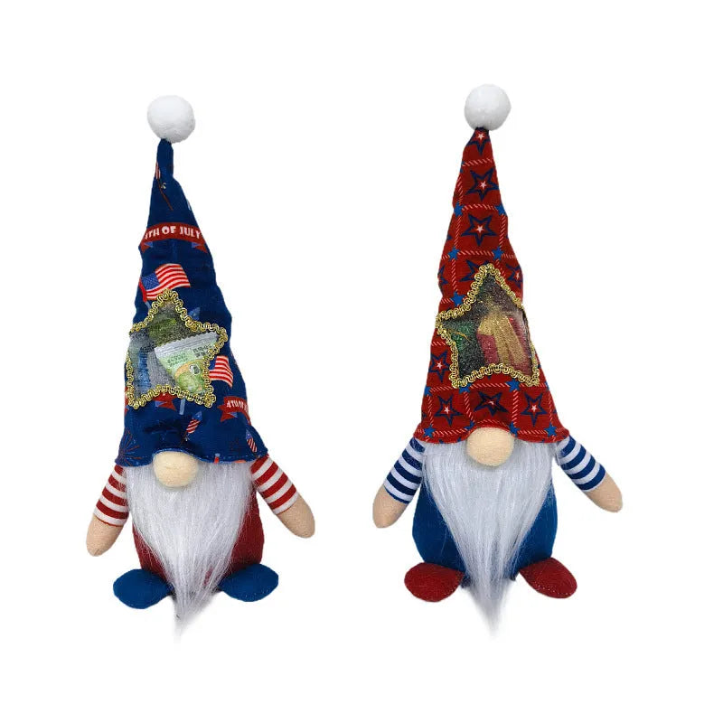 Two red and white faceless cloth baby doll ornaments for Christmas display or use as candy bags.