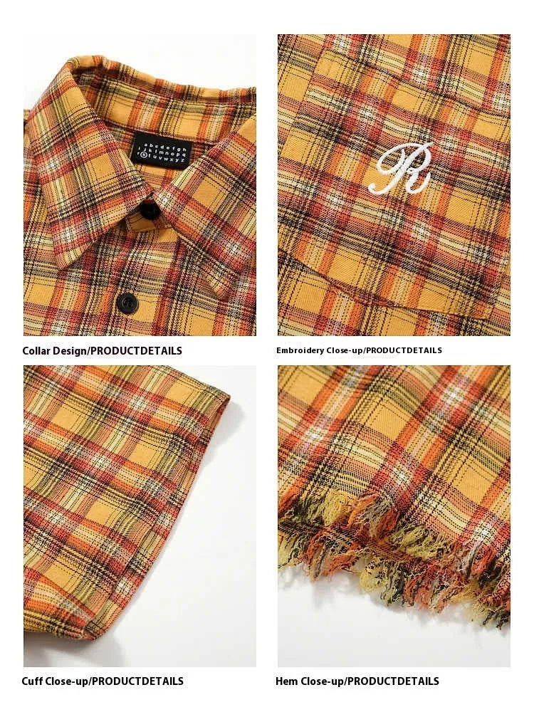 Yellow grid short sleeve plaid shirt with embroidered front pocket, loose fit unisex casual shirt