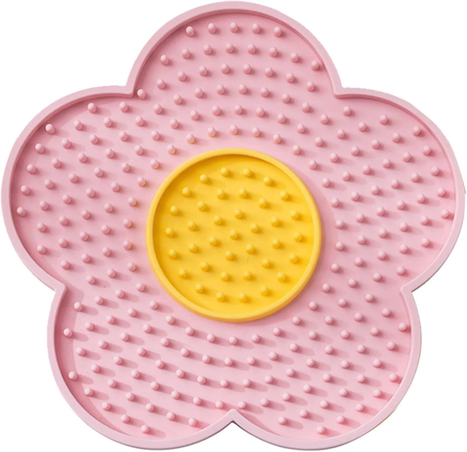 Flower-shaped silicone pet licking mat with suction cups on back in blue, grey, pink, purple, or red