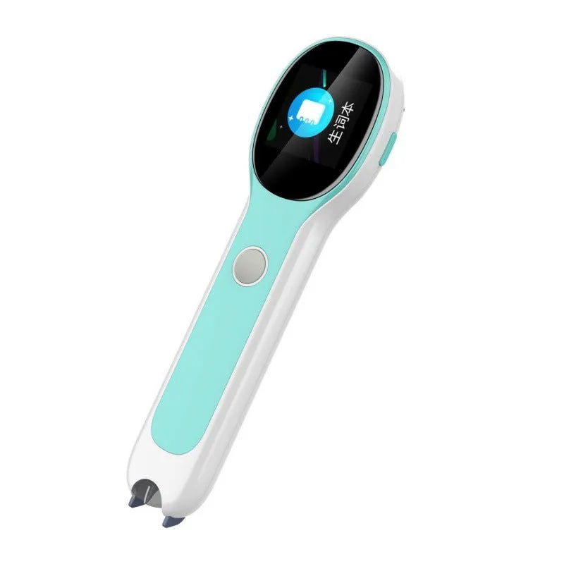 White universal reading pen for English language learning and translation, shown with USB charging cable.