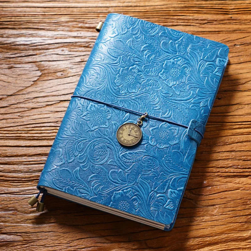 Creative vintage engraving cowhide travel notepad in black A5 size with genuine leather cover