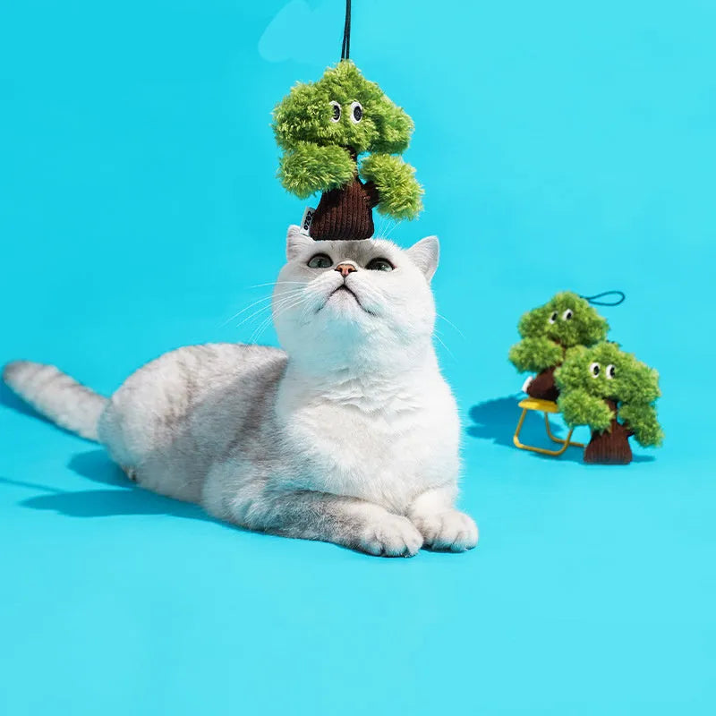 Green pine tree cat toy with mint filling and tease stick