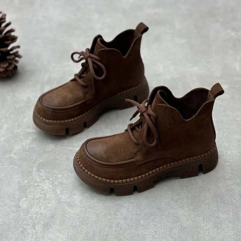Women's cowhide leather lace-up wedge boots in coffee colour with round toe and rubber sole