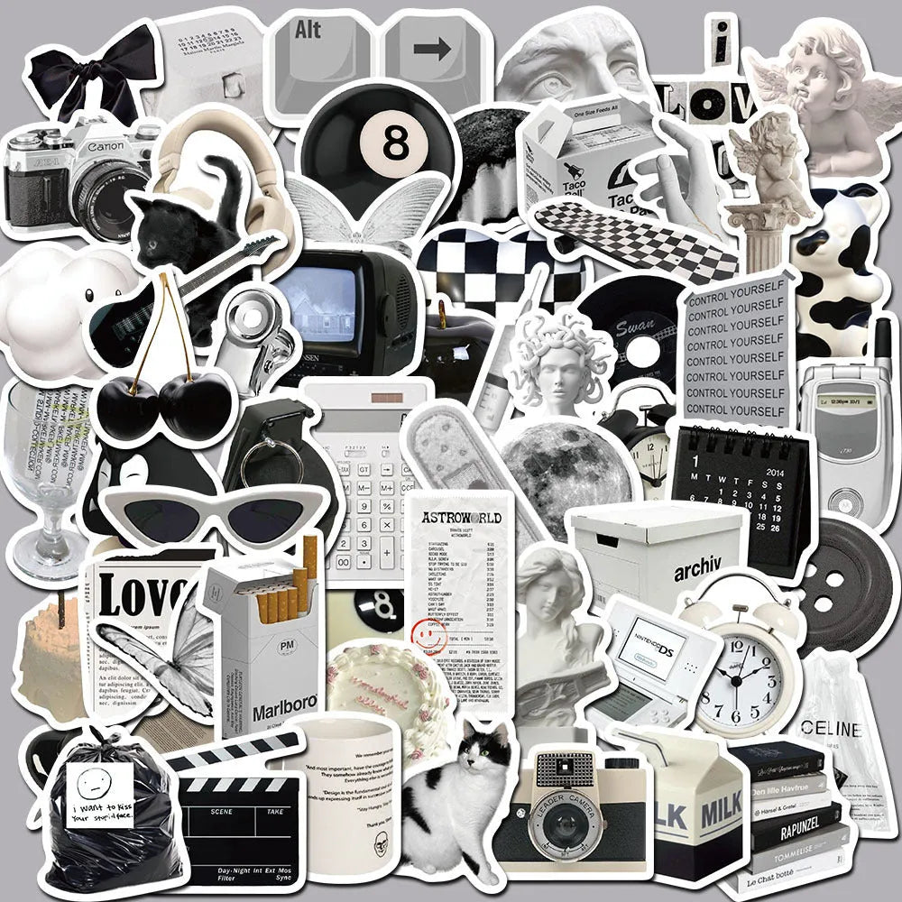 Pack of 61 black and white waterproof PVC stickers for laptops and drinkware.
