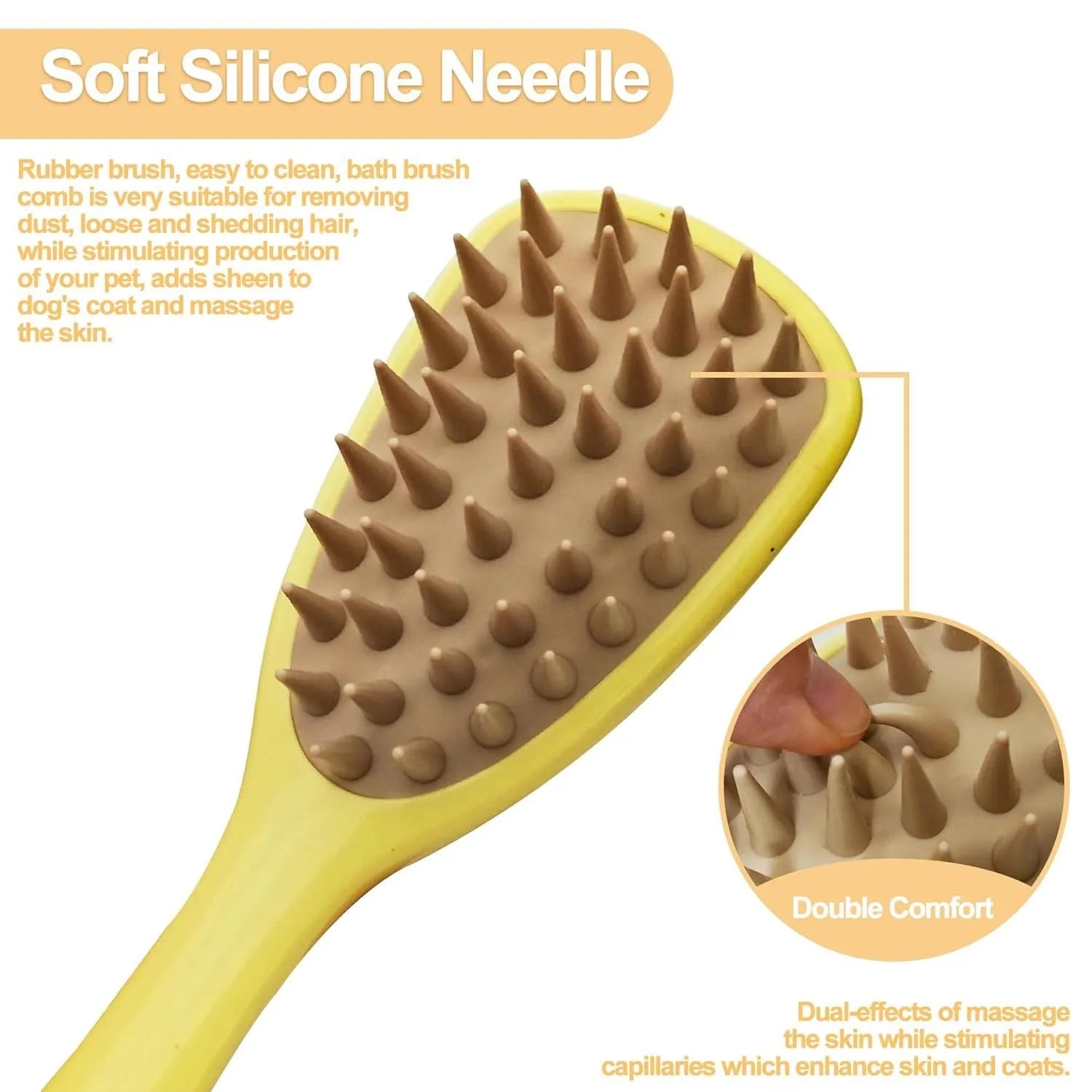 Purple pet silicone shampoo brush with handle on a wet dog coat, designed for gentle bathing and hair removal