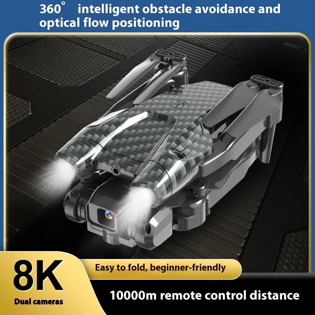 Black S138 carbon fibre appearance folding UAV drone with dual cameras for obstacle avoidance aerial photography.