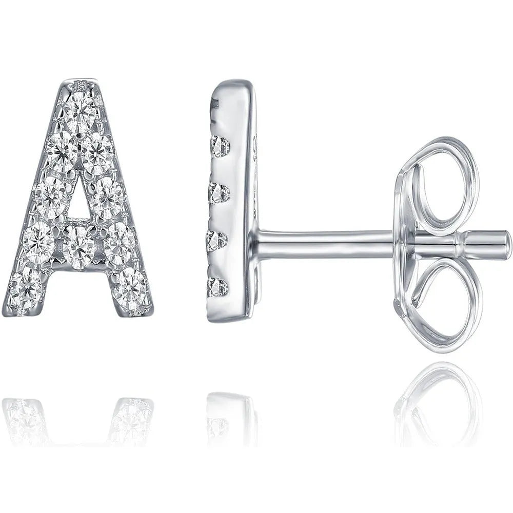 Brass gold plated alphabet letter earrings showing single English letter design with zircon stones