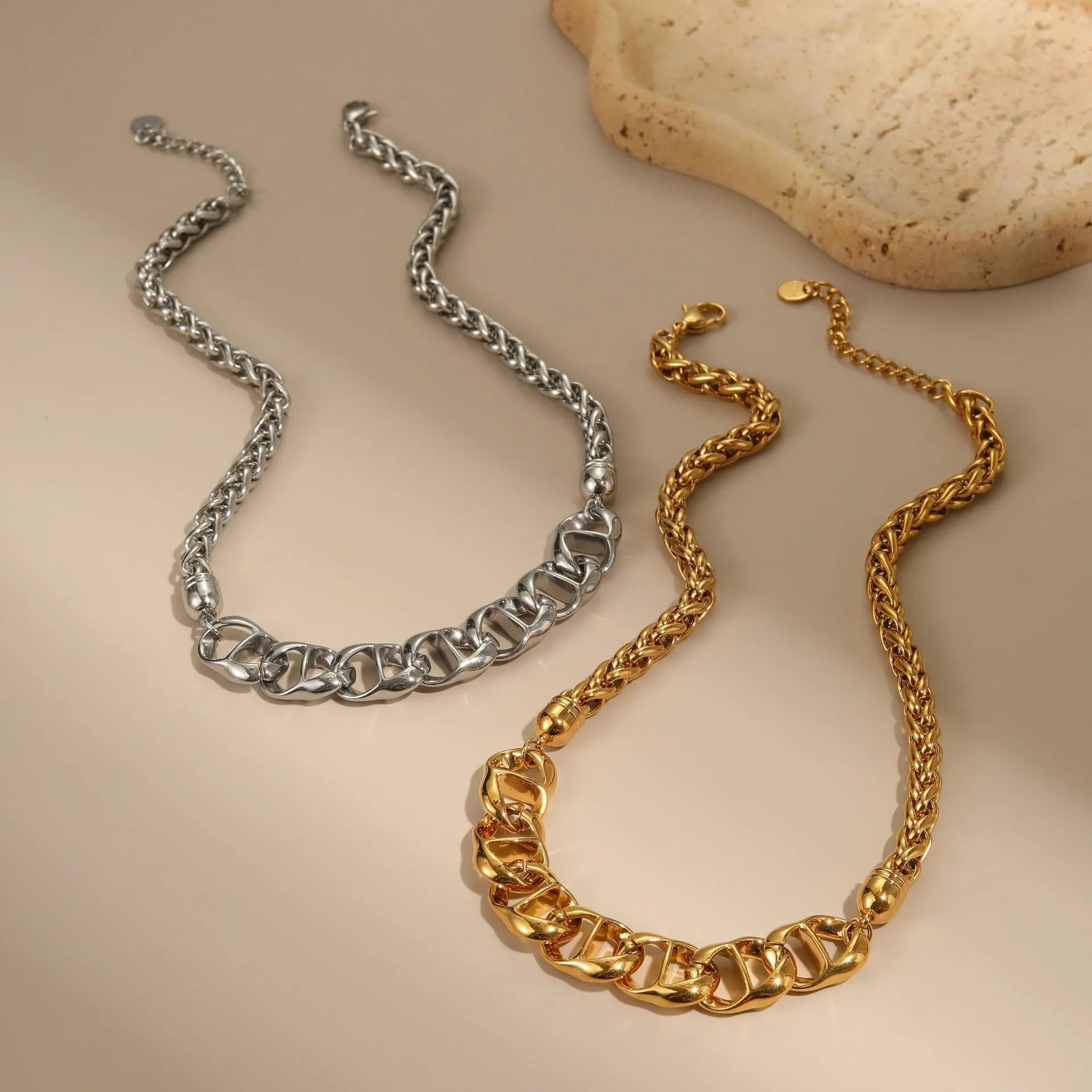 Stainless steel geometric chain necklace with 18K gold electroplated finish