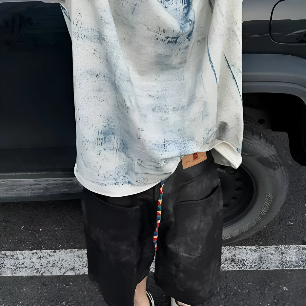 Korean loose fit T-shirt with distressed summer wash and tie dye print design in solid colour.
