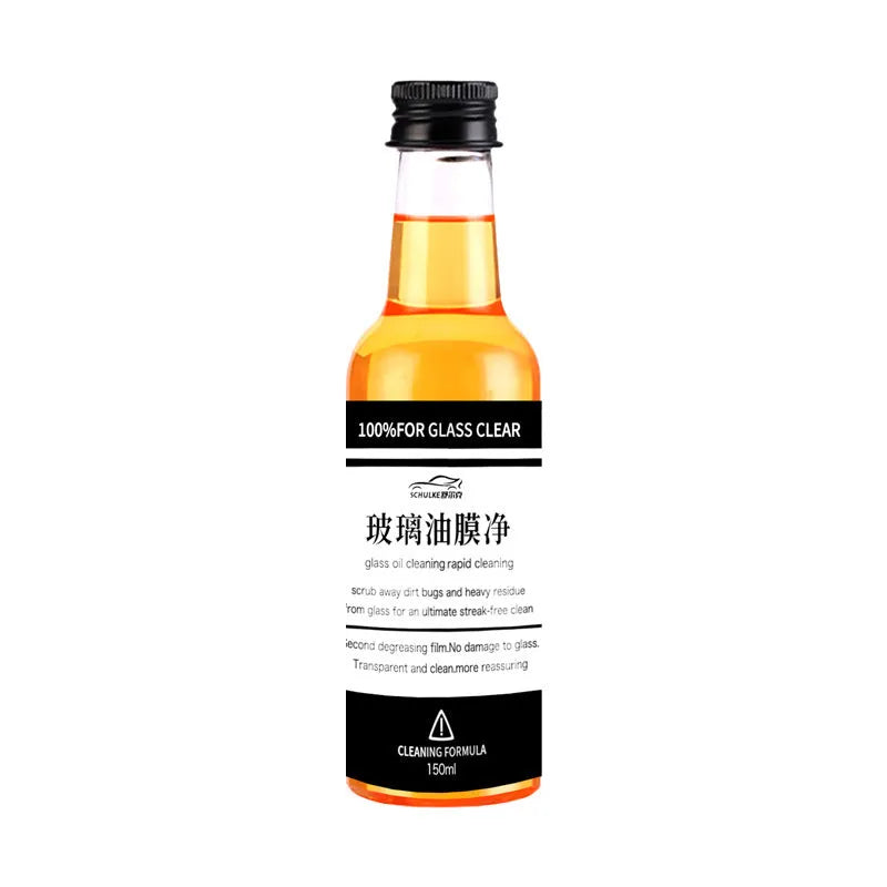 150ml bottle of car glass oil film remover cleaner with blue and yellow packaging options.