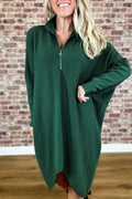 Women's solid colour knitted loose dress with raglan sleeves and zipper detail