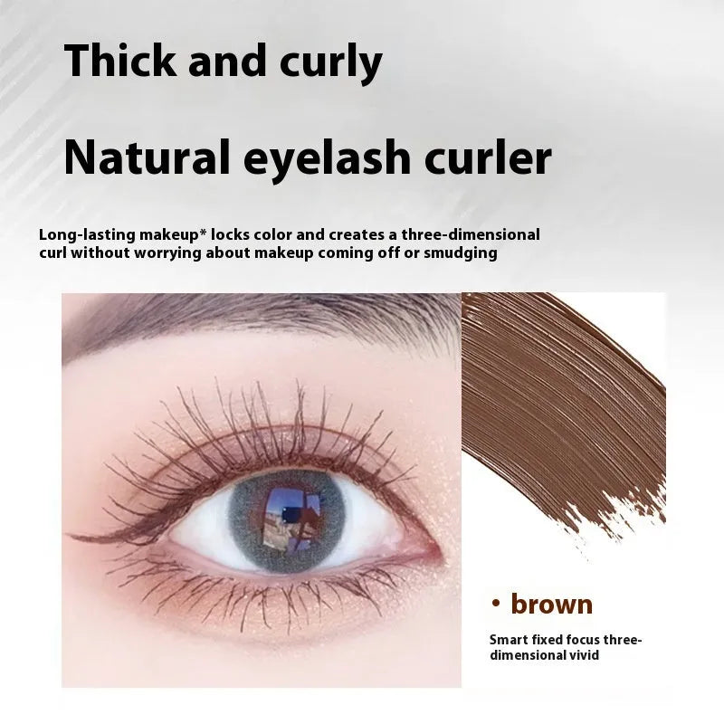 Waterproof mascara in steel tube with black and brown colour options shown with eyelash curler