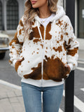 Yellow brown cow print hooded cardigan jacket with zipper front closure